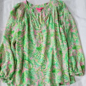 Lilly Pulitzer Womens Elsa Green and Pink Pineapples Blouse Size XXL Preowned